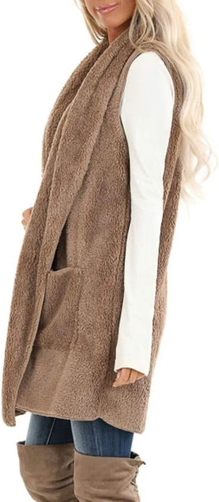 ReachMe Womens Sleeveless Sherpa Vest with Pockets Lapel Open Front Fleece Cardigan Sweater Fuzzy Jacket Coat