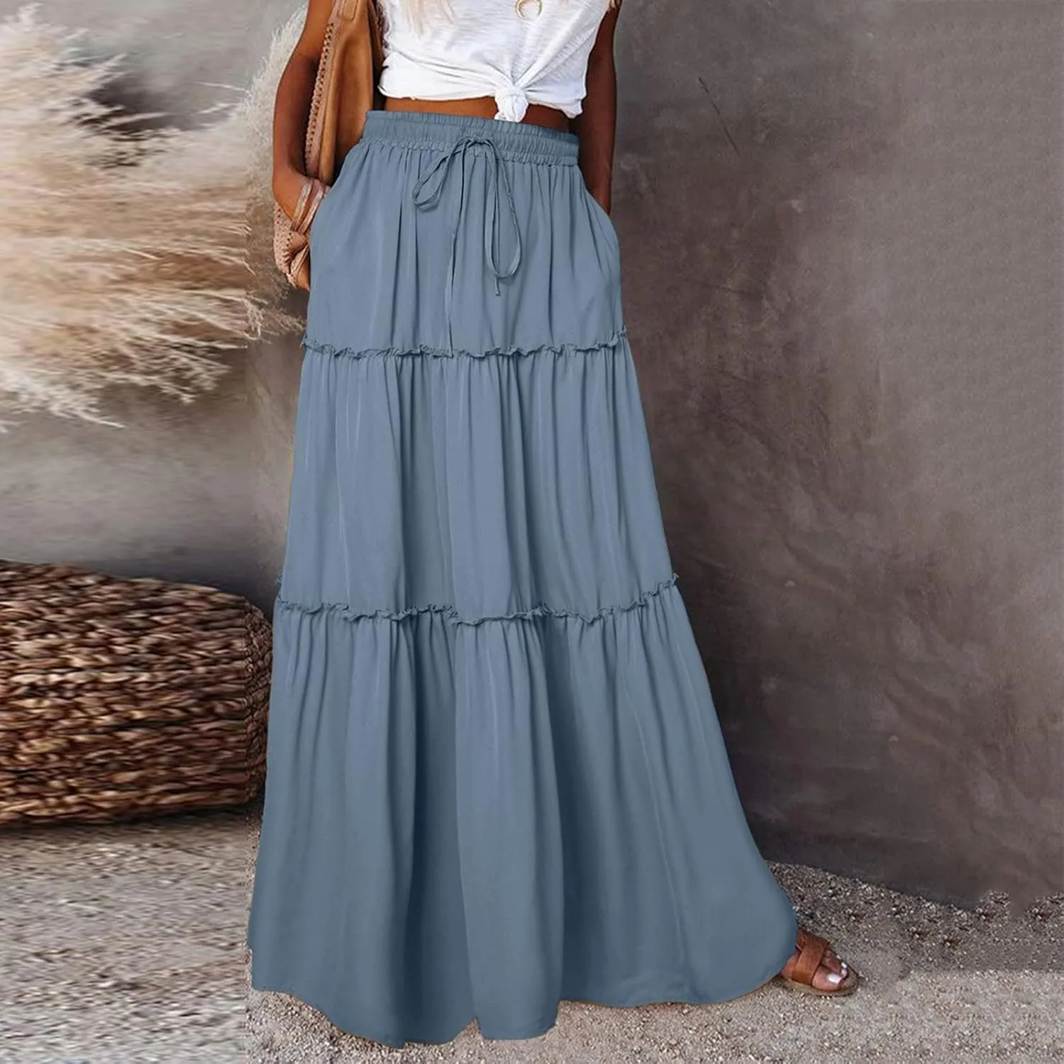 Retro Long Skirt for Women Floral Print Boho Long Skirts with Pockets Women Long Skirt Elasticated High Waist Skirt Long