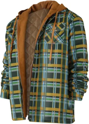 RTRDE Men's Button Down Long Sleeve Shirts Hooded Jacket Plaid Shirts Quilted Lined Fall Winter Coat Shirt, M-5XL