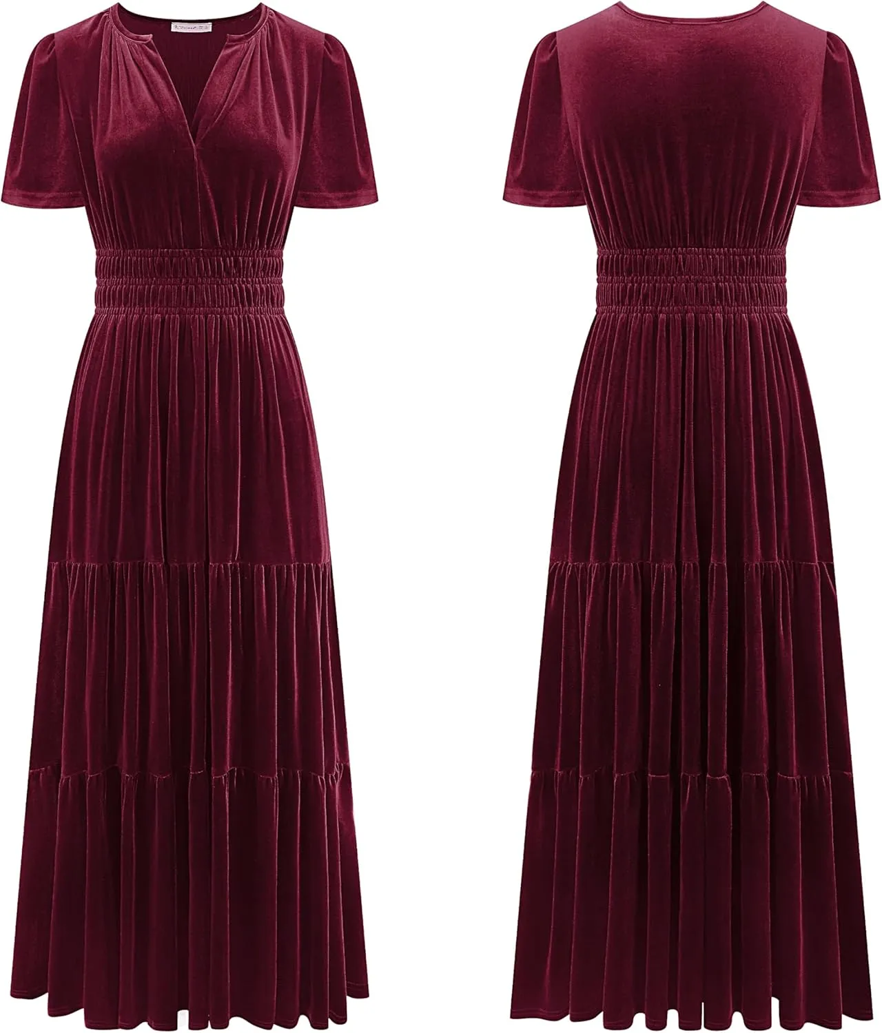 R.Vivimos Women's Fall Winter Vintage Velvet Dress Short Sleeve V Neck Elastic Waist Tiered Ruffle A-Line Flowy Maxi Dress