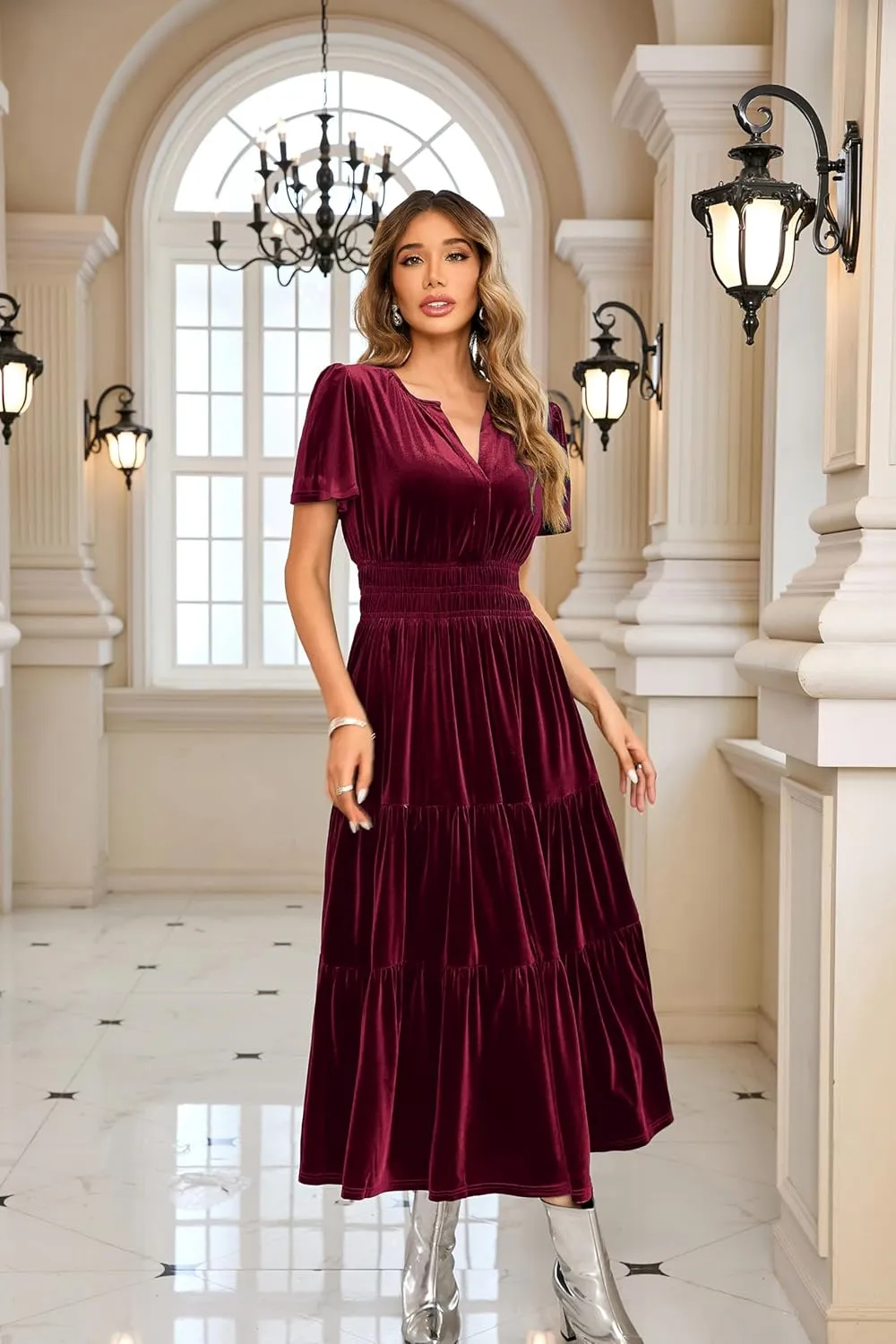 R.Vivimos Women's Fall Winter Vintage Velvet Dress Short Sleeve V Neck Elastic Waist Tiered Ruffle A-Line Flowy Maxi Dress