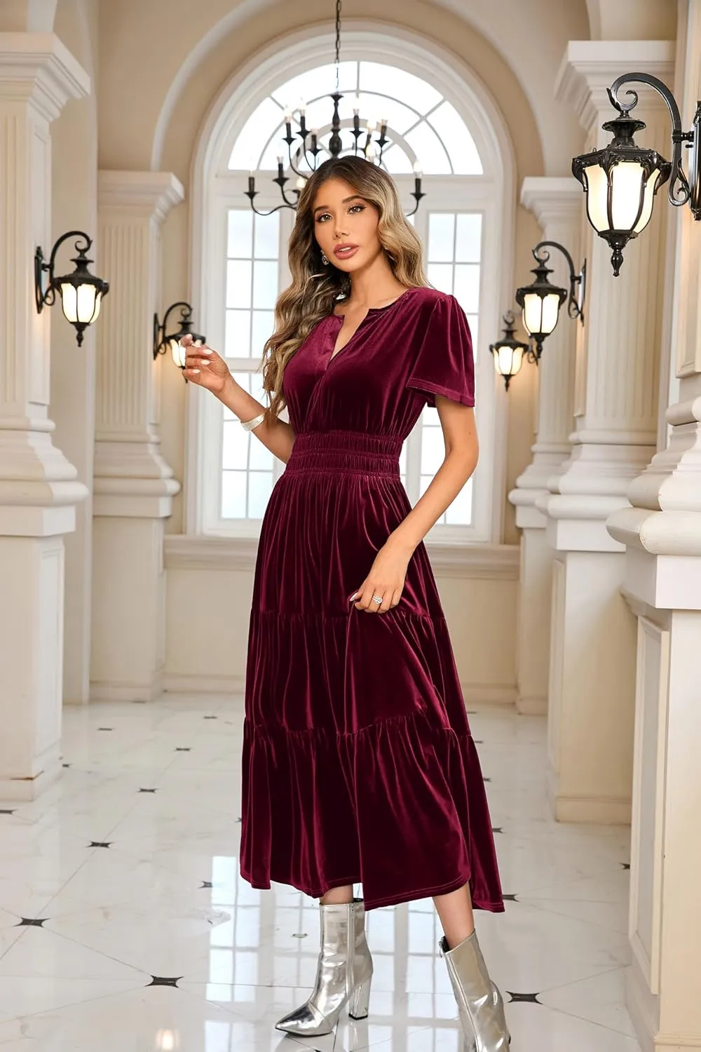 R.Vivimos Women's Fall Winter Vintage Velvet Dress Short Sleeve V Neck Elastic Waist Tiered Ruffle A-Line Flowy Maxi Dress