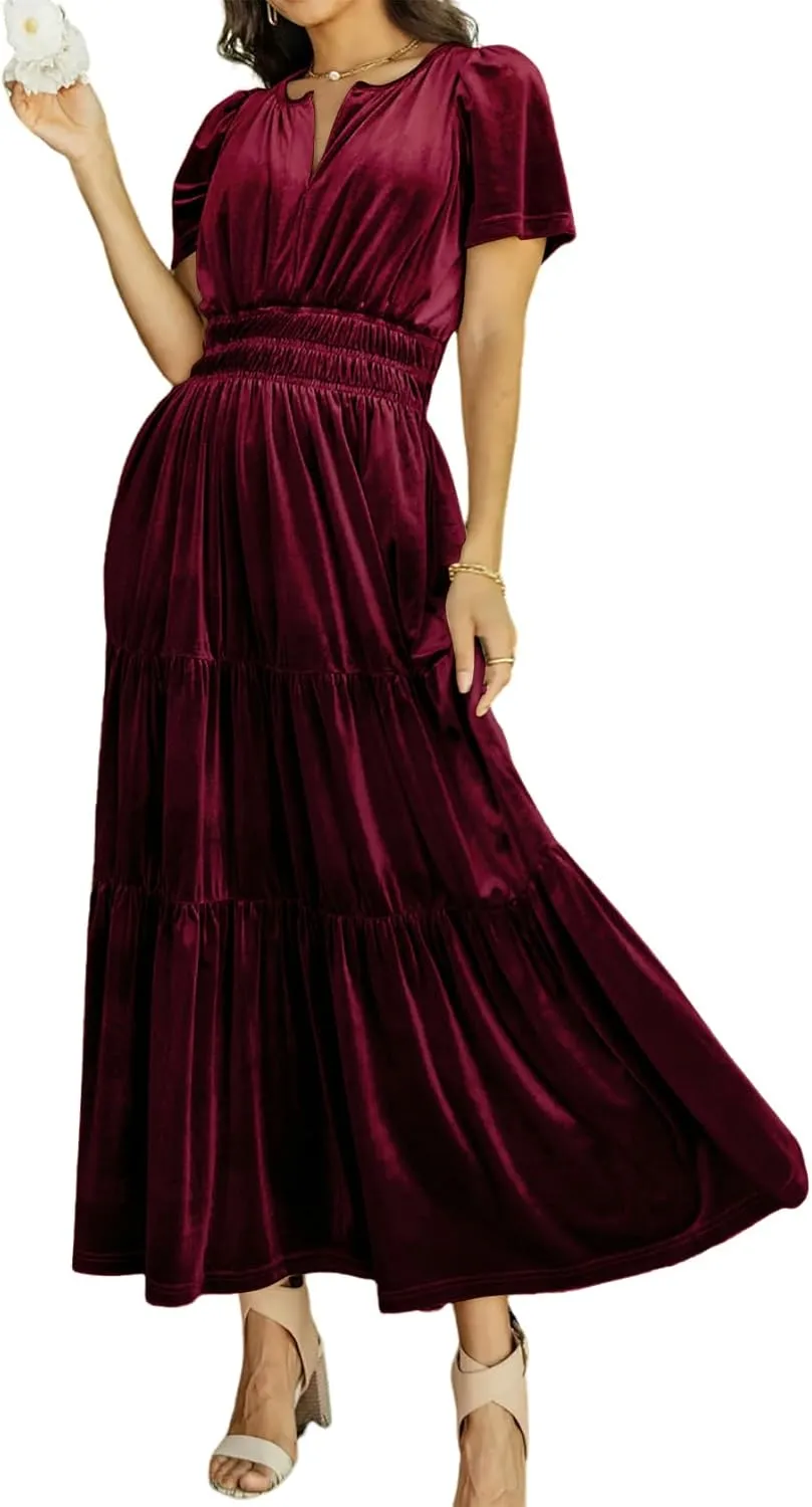 R.Vivimos Women's Fall Winter Vintage Velvet Dress Short Sleeve V Neck Elastic Waist Tiered Ruffle A-Line Flowy Maxi Dress