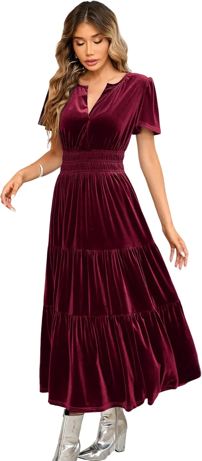 R.Vivimos Women's Fall Winter Vintage Velvet Dress Short Sleeve V Neck Elastic Waist Tiered Ruffle A-Line Flowy Maxi Dress