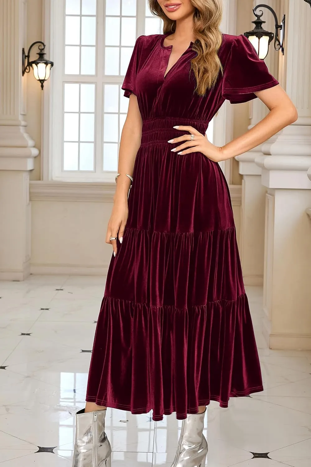 R.Vivimos Women's Fall Winter Vintage Velvet Dress Short Sleeve V Neck Elastic Waist Tiered Ruffle A-Line Flowy Maxi Dress