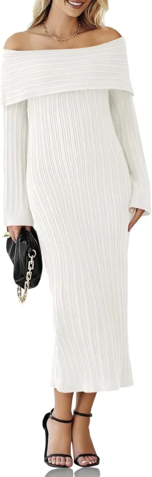 Saodimallsu Womens Off Shoulder Maxi Sweater Dress Long Sleeve Bodycon Sexy Elegant Cocktail Party Knit Dresses