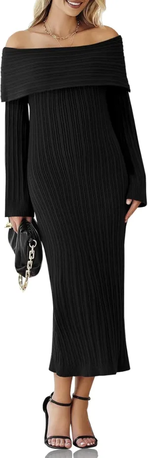 Saodimallsu Womens Off Shoulder Maxi Sweater Dress Long Sleeve Bodycon Sexy Elegant Cocktail Party Knit Dresses