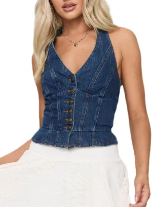 Sastianaen Women Sexy Denim Vest Tie Front Vest Crop Tops V Neck Sleeveless Tank Crop Top Going Out Y2k Waistcoat Vest