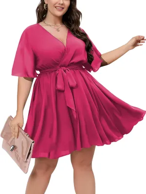 SCOMCHIC Women's Plus Size Summer Dresses Short Sleeve Wrap V Neck A Line Skater Mini Short Dress XL-4XL