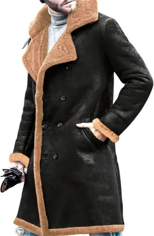 Shearling Leather Coat Men Faux Suede Sherpa Lined Sheepskin Jacket Aviator Bomber Warm Winter Jacket Long Trench Coats