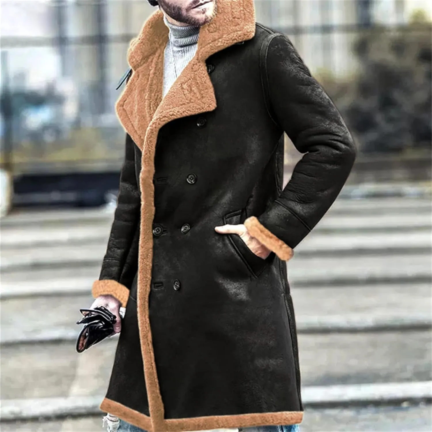 Shearling Leather Coat Men Faux Suede Sherpa Lined Sheepskin Jacket Aviator Bomber Warm Winter Jacket Long Trench Coats