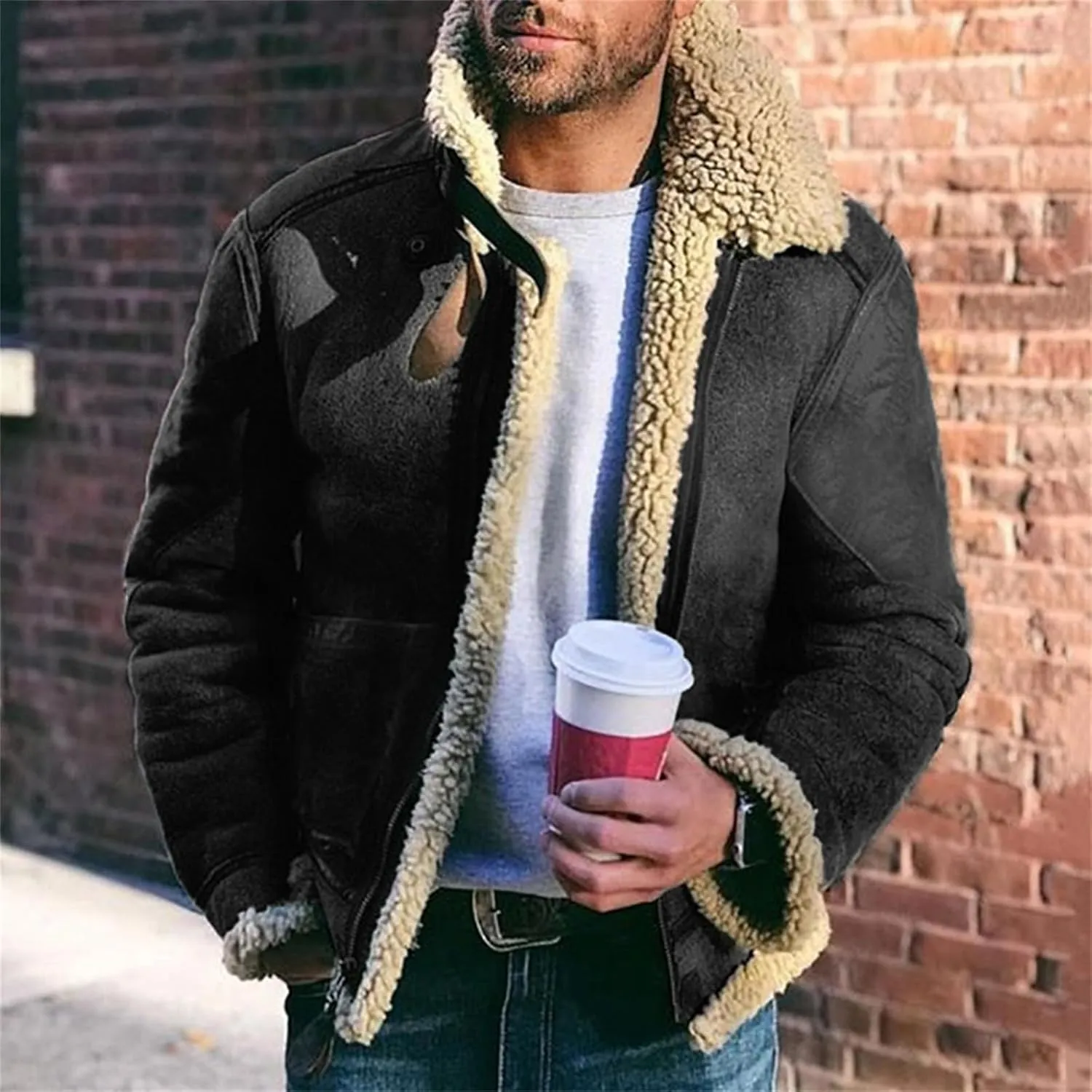 Sherpa Lined Jacket Men Faux Leather Fuzzy Fleece Bomber Jack Mens Winter Heavyweight Suede Faux Fur Trench Coat