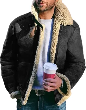Sherpa Lined Jacket Men Faux Leather Fuzzy Fleece Bomber Jack Mens Winter Heavyweight Suede Faux Fur Trench Coat