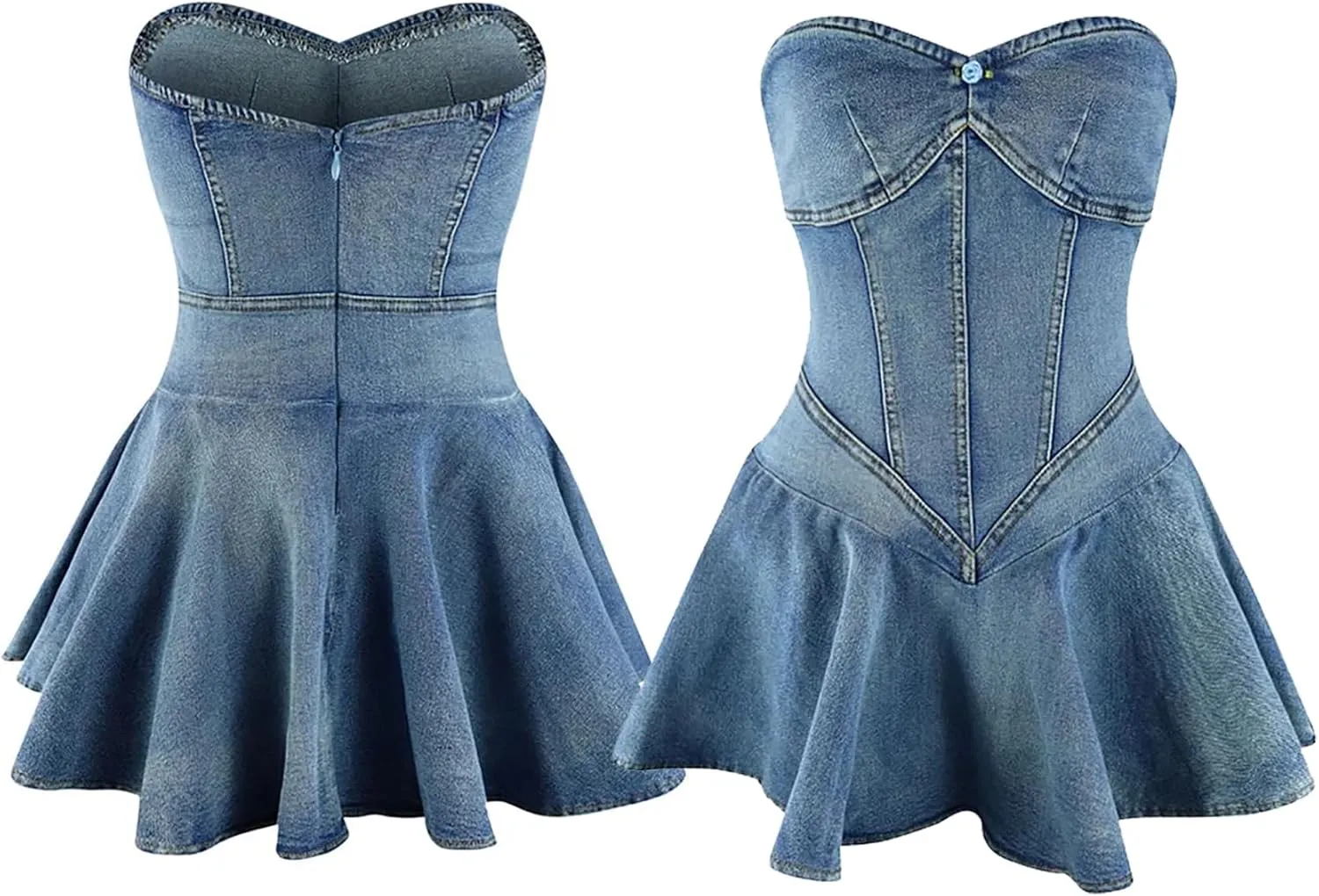 SHINFY Womens Summer Denim Dress Sexy Off Shoulder Strapless Bustier Corset Tube Pleated Mini Jean Dresses