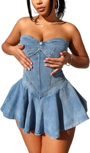 SHINFY Womens Summer Denim Dress Sexy Off Shoulder Strapless Bustier Corset Tube Pleated Mini Jean Dresses