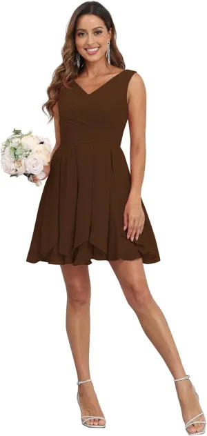 Short Bridesmaid Dresses with Pleated Chiffon Ruched Sleeveless Evening Gown A-Line V Neck Cocktail Gowns with Pockets
