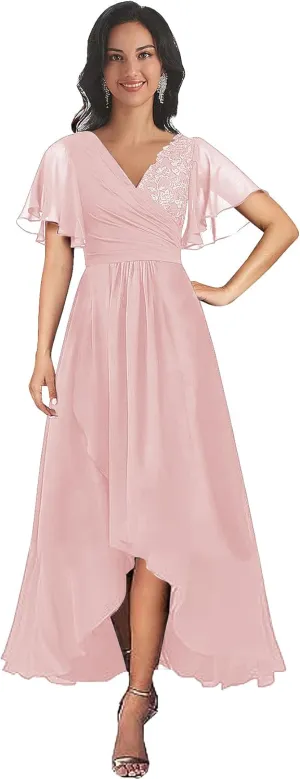 Short Sleeve Mother of The Bride Dresses for Women Tea Length V Neck Lace Chiffon Mother Groom Gown with Pockets