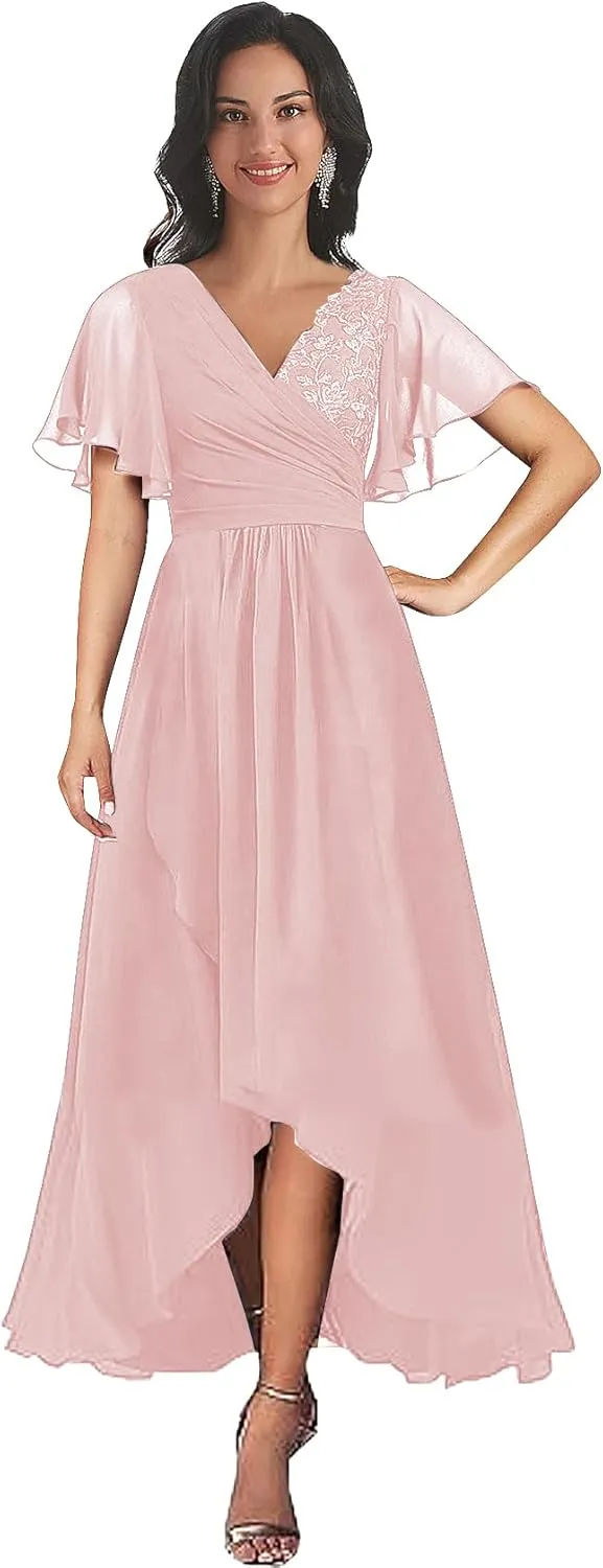 Short Sleeve Mother of The Bride Dresses for Women Tea Length V Neck Lace Chiffon Mother Groom Gown with Pockets