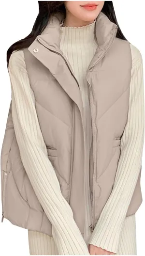 Short Vest Cotton Sleeveless Zip Up Coat Loose Outerwear Winter Lightweight Padded Gilet Bubble Jacket with Pockets