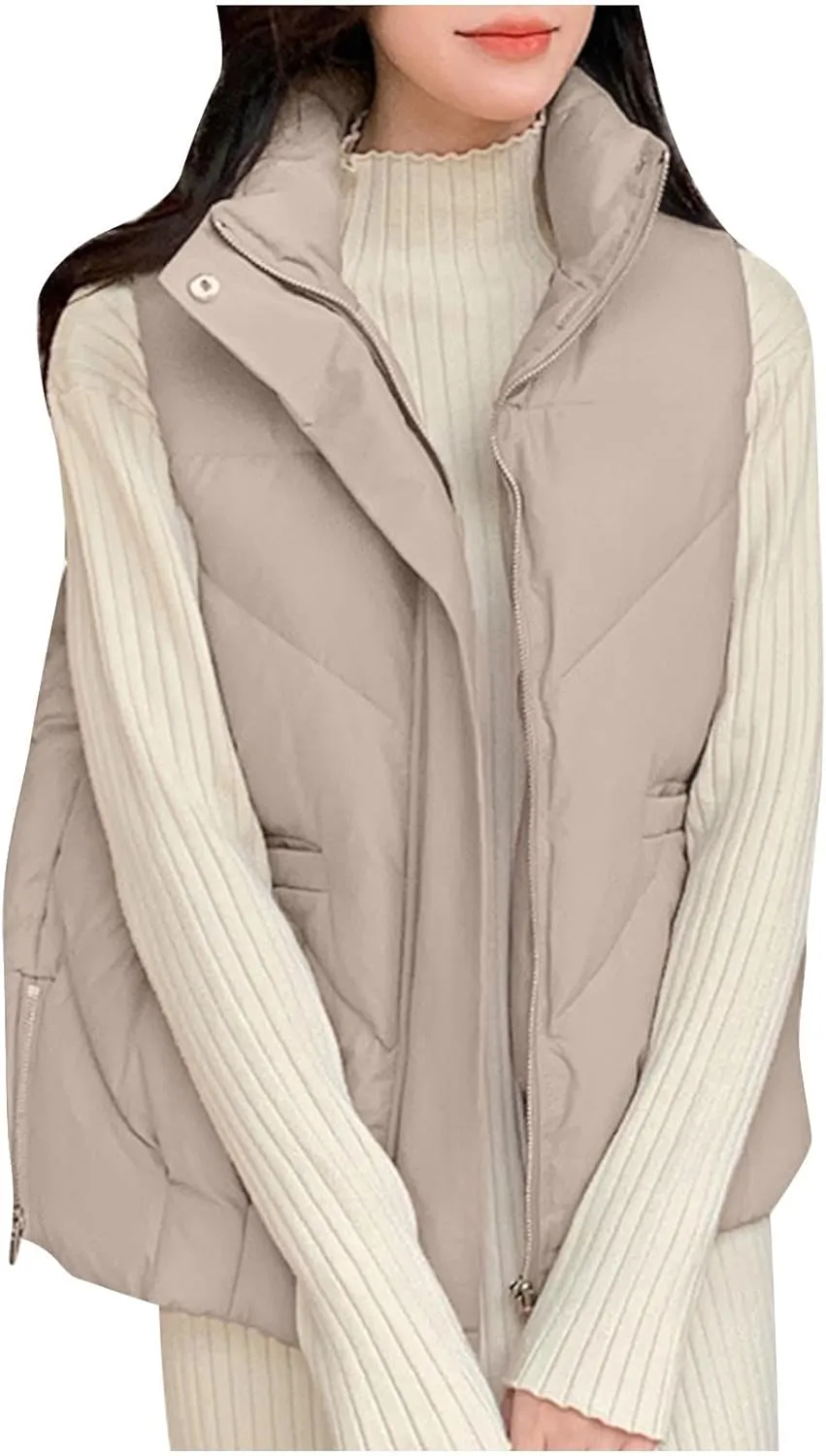 Short Vest Cotton Sleeveless Zip Up Coat Loose Outerwear Winter Lightweight Padded Gilet Bubble Jacket with Pockets