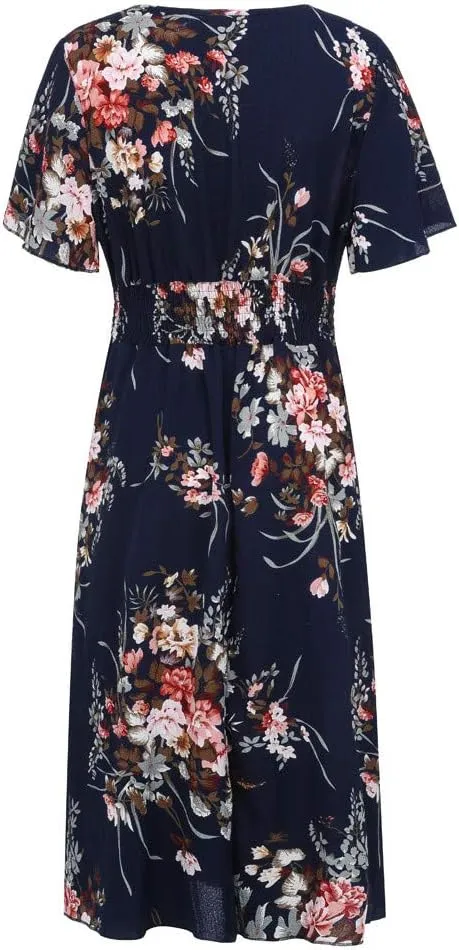 Size Casual Short Dress Women Sleeve V Neck Floral Printed Plus Fashion Plus Size Dress Plus Size Summer Midi Dresses