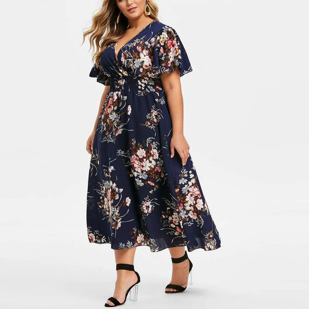 Size Casual Short Dress Women Sleeve V Neck Floral Printed Plus Fashion Plus Size Dress Plus Size Summer Midi Dresses