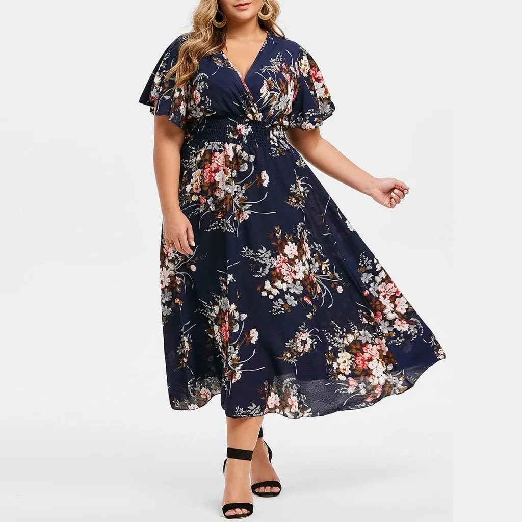 Size Casual Short Dress Women Sleeve V Neck Floral Printed Plus Fashion Plus Size Dress Plus Size Summer Midi Dresses