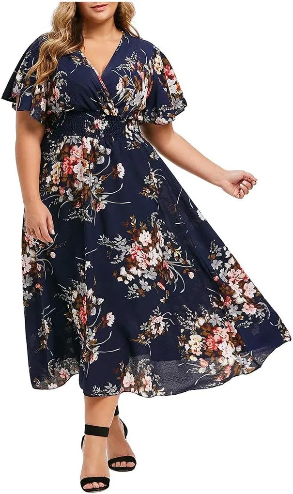 Size Casual Short Dress Women Sleeve V Neck Floral Printed Plus Fashion Plus Size Dress Plus Size Summer Midi Dresses