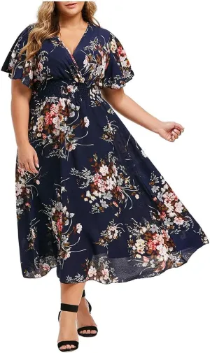 Size Casual Short Dress Women Sleeve V Neck Floral Printed Plus Fashion Plus Size Dress Plus Size Summer Midi Dresses