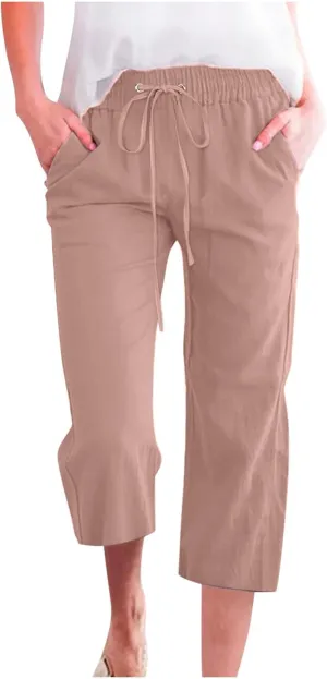 SMIDOW Women Cotton Linen Capris Pants Plus Size Knee Length Casual Elastic Waist Loose Paper Bag with Pockets Loose Trousers