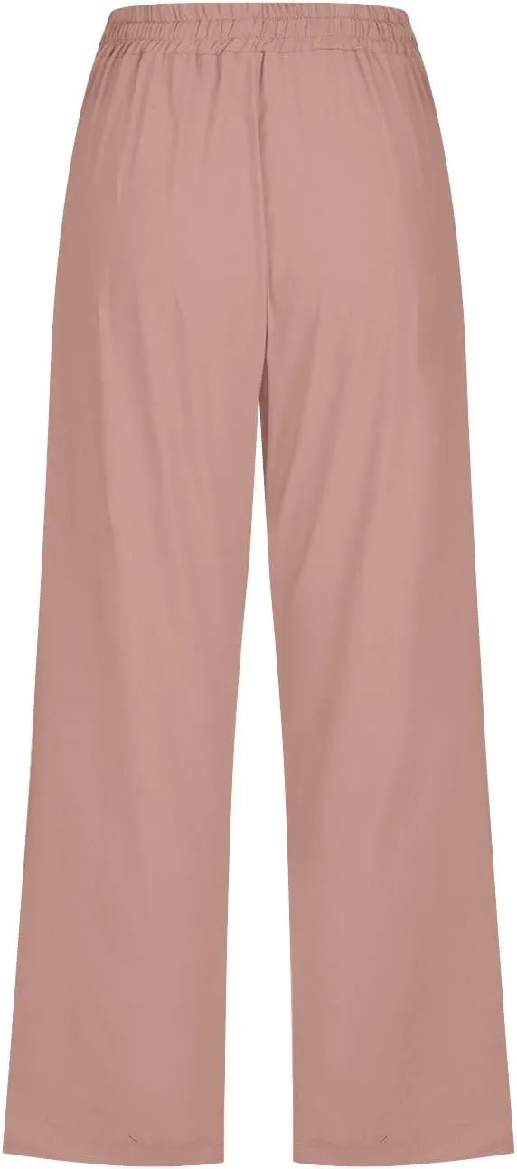 SMIDOW Women Cotton Linen Capris Pants Plus Size Knee Length Casual Elastic Waist Loose Paper Bag with Pockets Loose Trousers