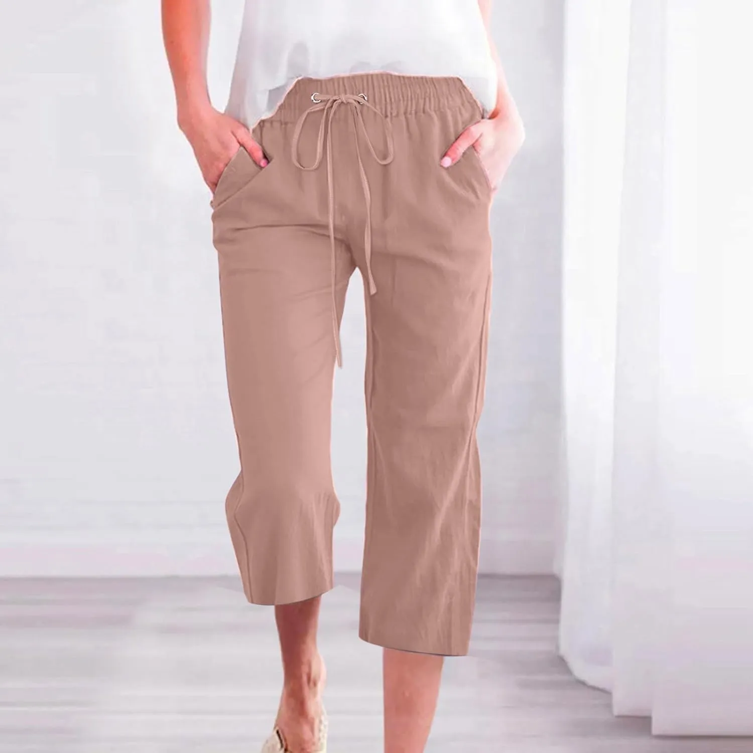 SMIDOW Women Cotton Linen Capris Pants Plus Size Knee Length Casual Elastic Waist Loose Paper Bag with Pockets Loose Trousers