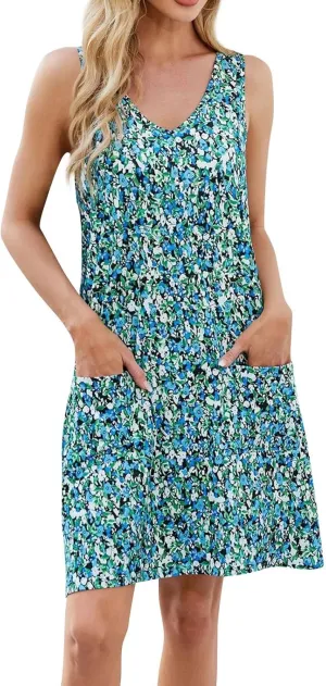 Summer Dresses for Women 2025 Trendy V Neck Sleeveless Mini Sun Dress Floral Vacation Tank Beach Dress with Pockets