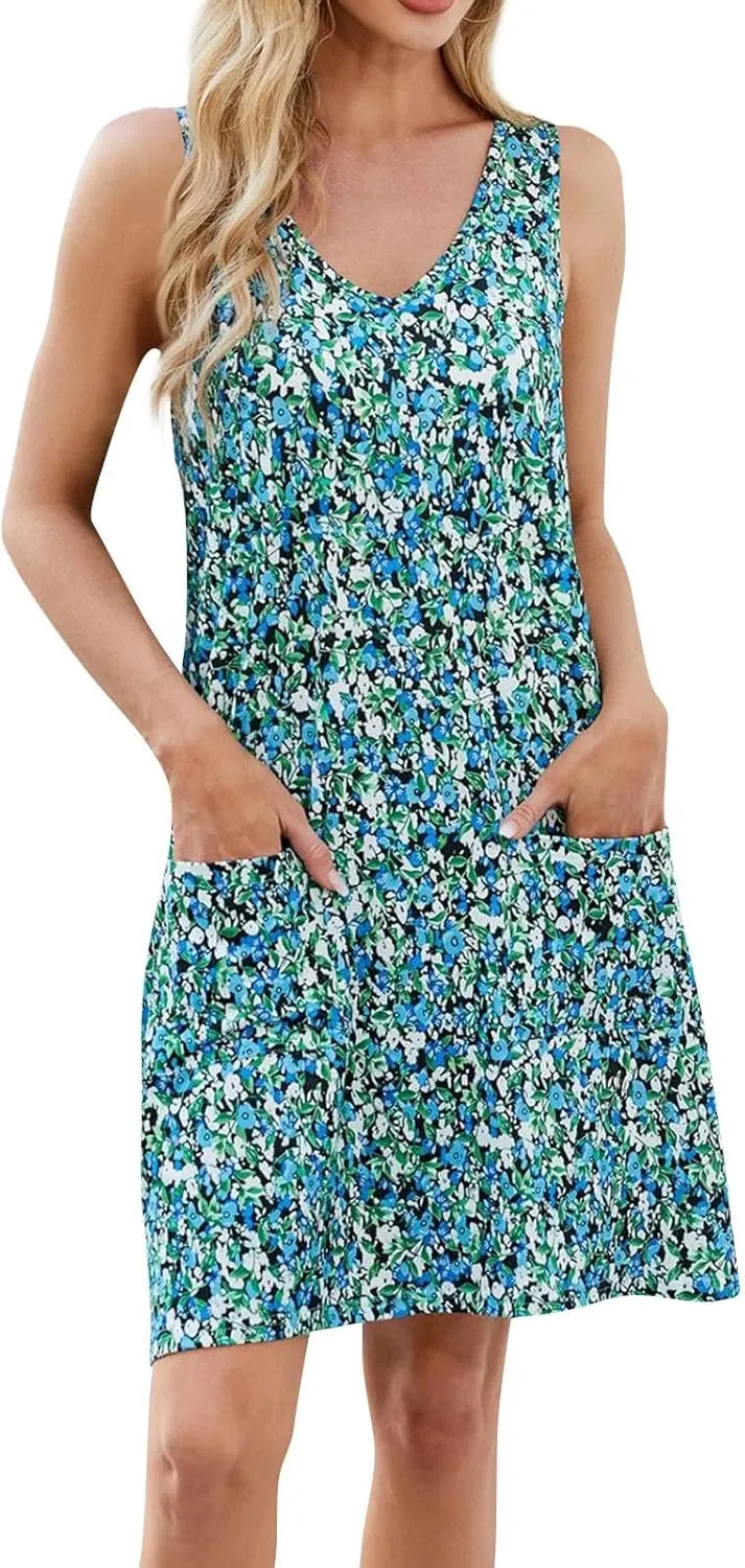 Summer Dresses for Women 2025 Trendy V Neck Sleeveless Mini Sun Dress Floral Vacation Tank Beach Dress with Pockets