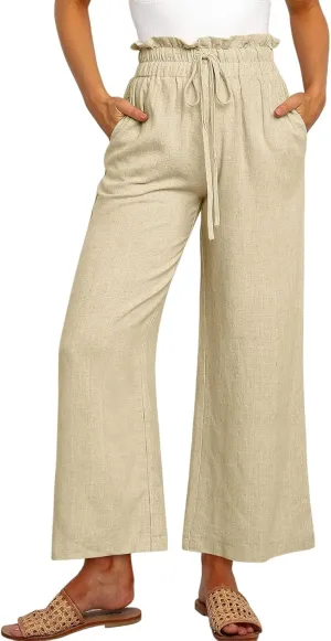 Summer Linen Pant for Women Wide Leg Palazzo Pants Casual Loose Ruffle Waist Capri Drawstring Beach Trousers