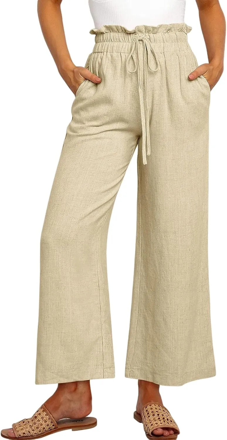Summer Linen Pant for Women Wide Leg Palazzo Pants Casual Loose Ruffle Waist Capri Drawstring Beach Trousers