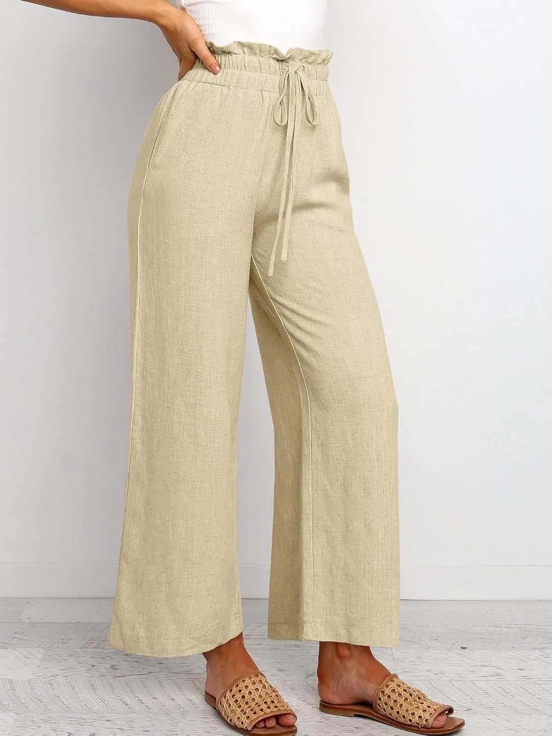 Summer Linen Pant for Women Wide Leg Palazzo Pants Casual Loose Ruffle Waist Capri Drawstring Beach Trousers