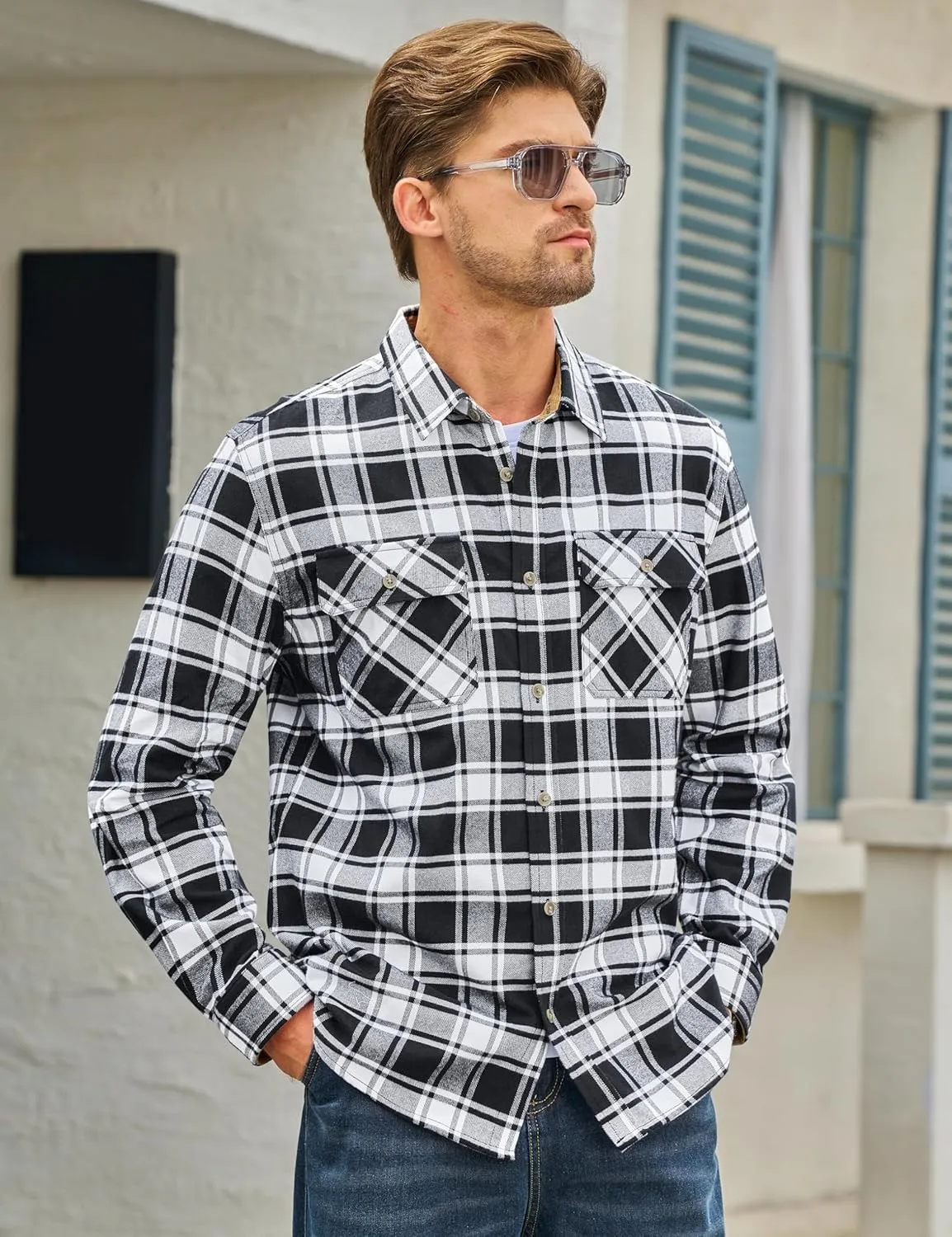 TACVASEN Men's Flannel Shirts Cotton Plaid Shirt Long Sleeve Button Up Shirt Jackets with 2 Chest Pockets