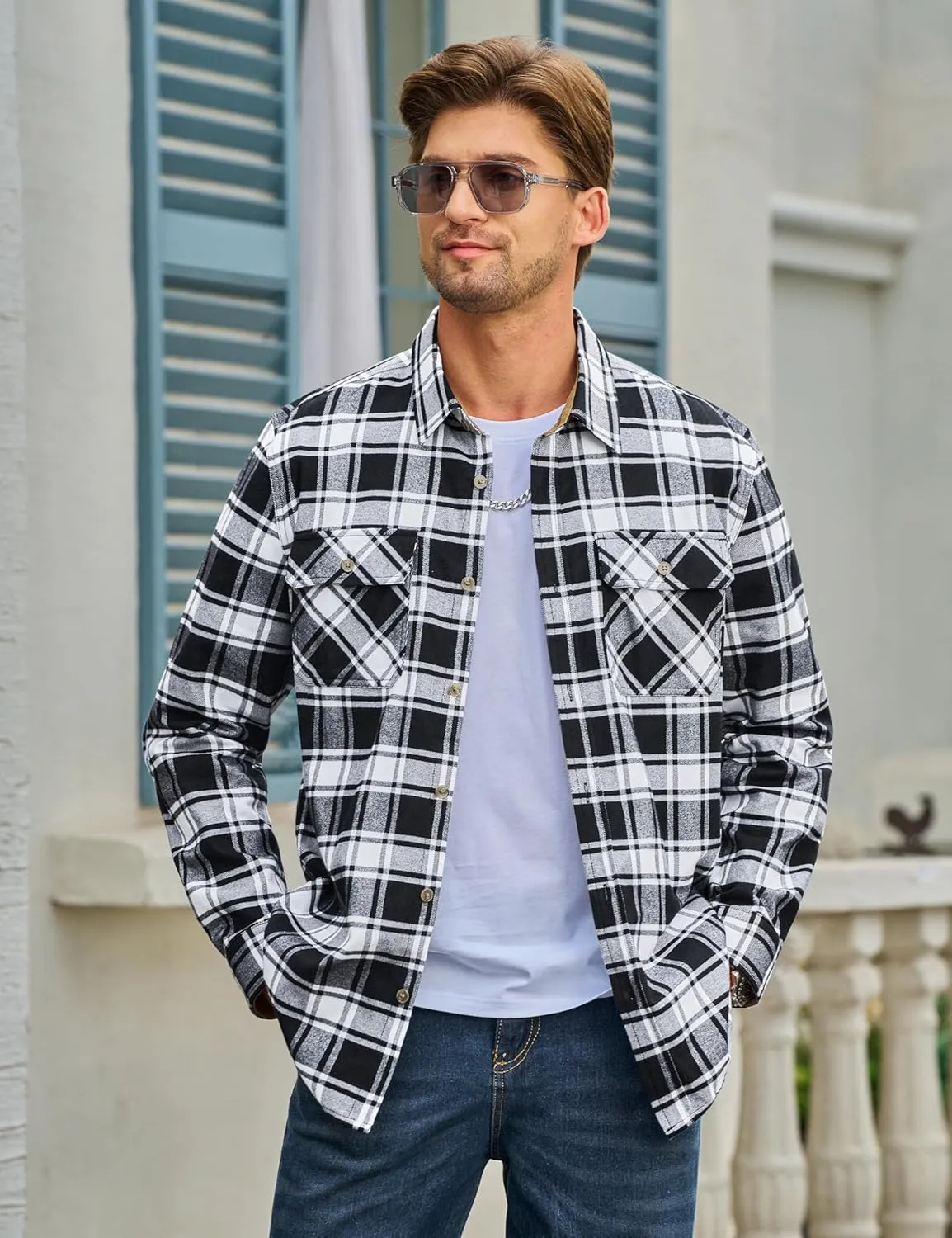 TACVASEN Men's Flannel Shirts Cotton Plaid Shirt Long Sleeve Button Up Shirt Jackets with 2 Chest Pockets