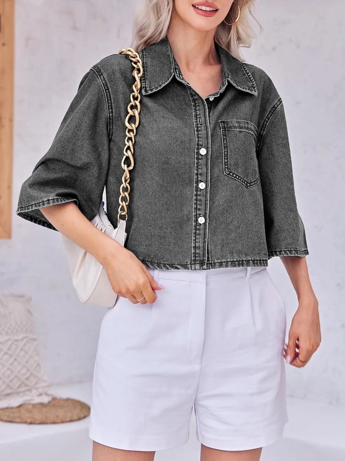Tankaneo Womens Crop Denim Shirt Half Sleeve Button Down Short Jean Jacket with Pocket