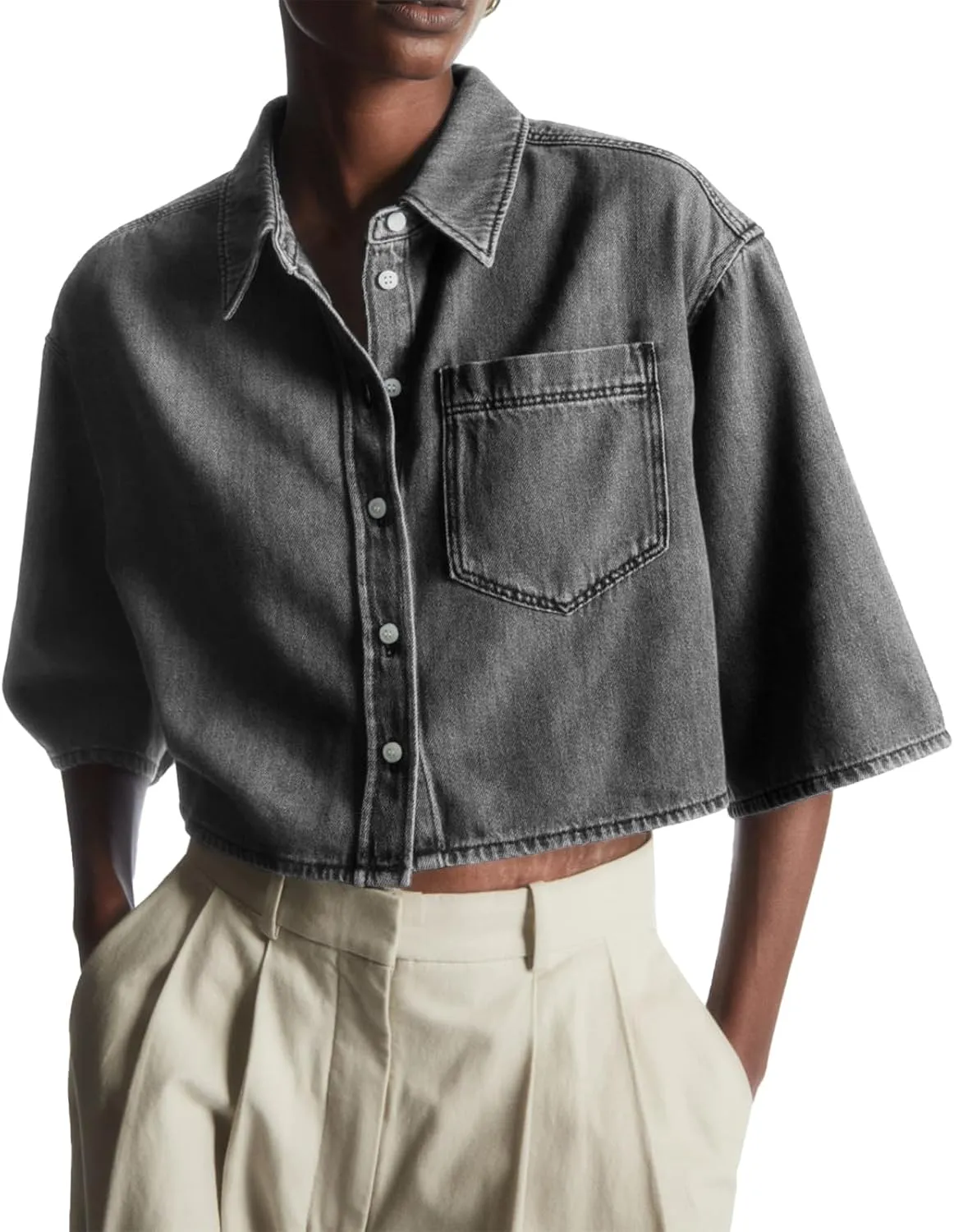 Tankaneo Womens Crop Denim Shirt Half Sleeve Button Down Short Jean Jacket with Pocket