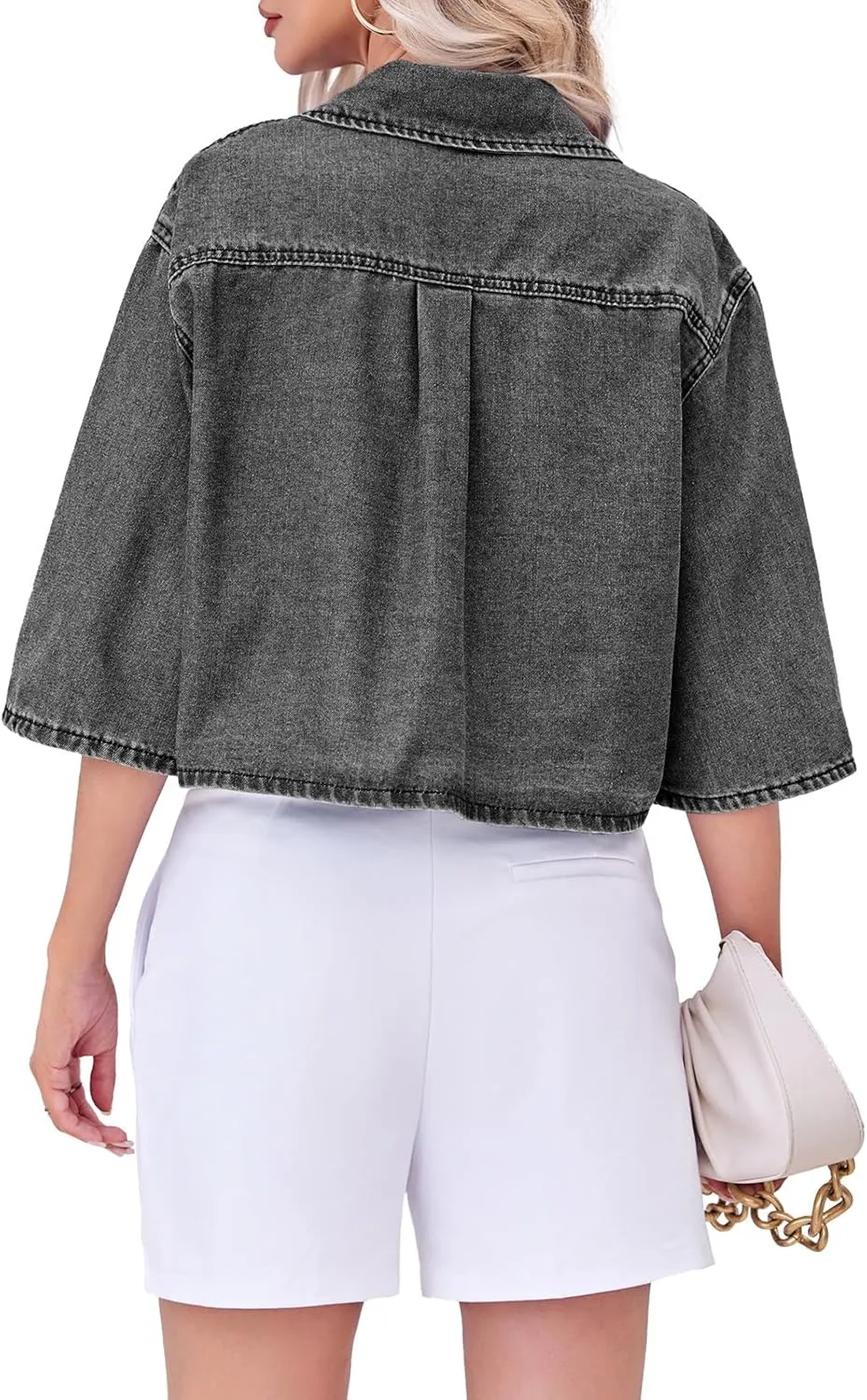 Tankaneo Womens Crop Denim Shirt Half Sleeve Button Down Short Jean Jacket with Pocket