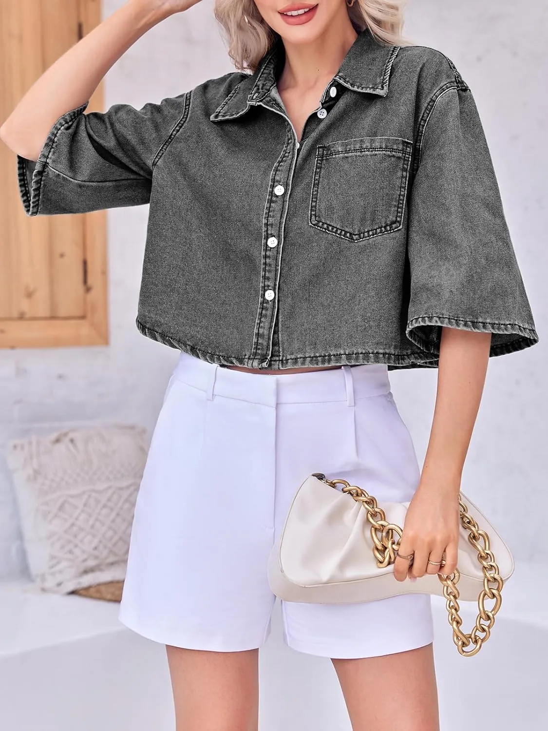 Tankaneo Womens Crop Denim Shirt Half Sleeve Button Down Short Jean Jacket with Pocket