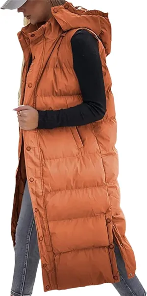 Thatrich Long Puffer Vest Women Lightweight Quilted Jackets Sleeveless Puffy Padded Coats Outwear Vests Outdoor Hooded Gilet