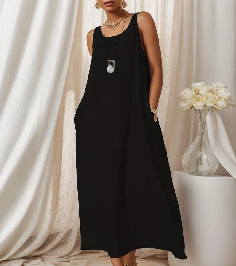 TIAFORD Women Casual Sleeveless Linen Shift Maxi Dress Summer Crewneck Oversized Loose Flowy Beach Tank Sun Dress with Pocket
