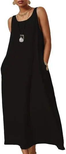 TIAFORD Women Casual Sleeveless Linen Shift Maxi Dress Summer Crewneck Oversized Loose Flowy Beach Tank Sun Dress with Pocket