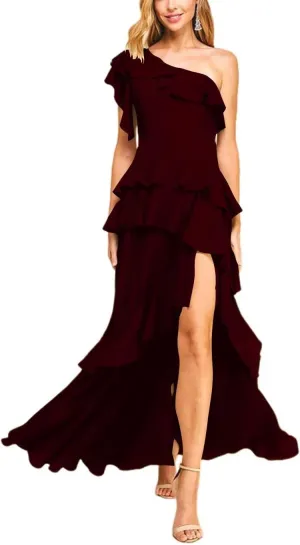 TIRAS Chiffon Prom Dresses 2025 One Shoulder Layered Ruched A-Line Long Formal Evening Dress with Slits