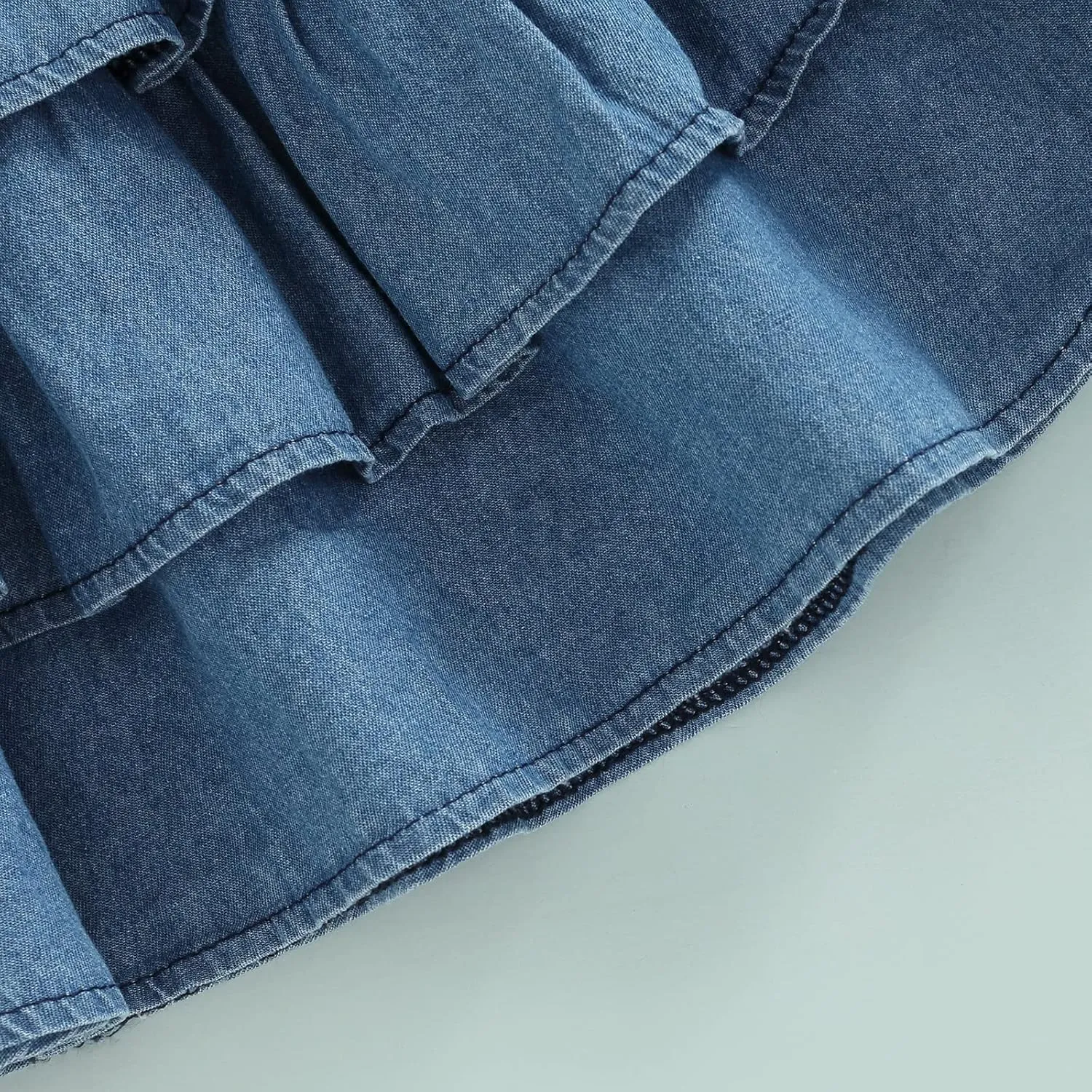 Toddler Girl Summer Sundresses Baby Denim Ruffle Dress Sleeveless Strap Pleated A-line Layered Cake Flowy Jean Dress