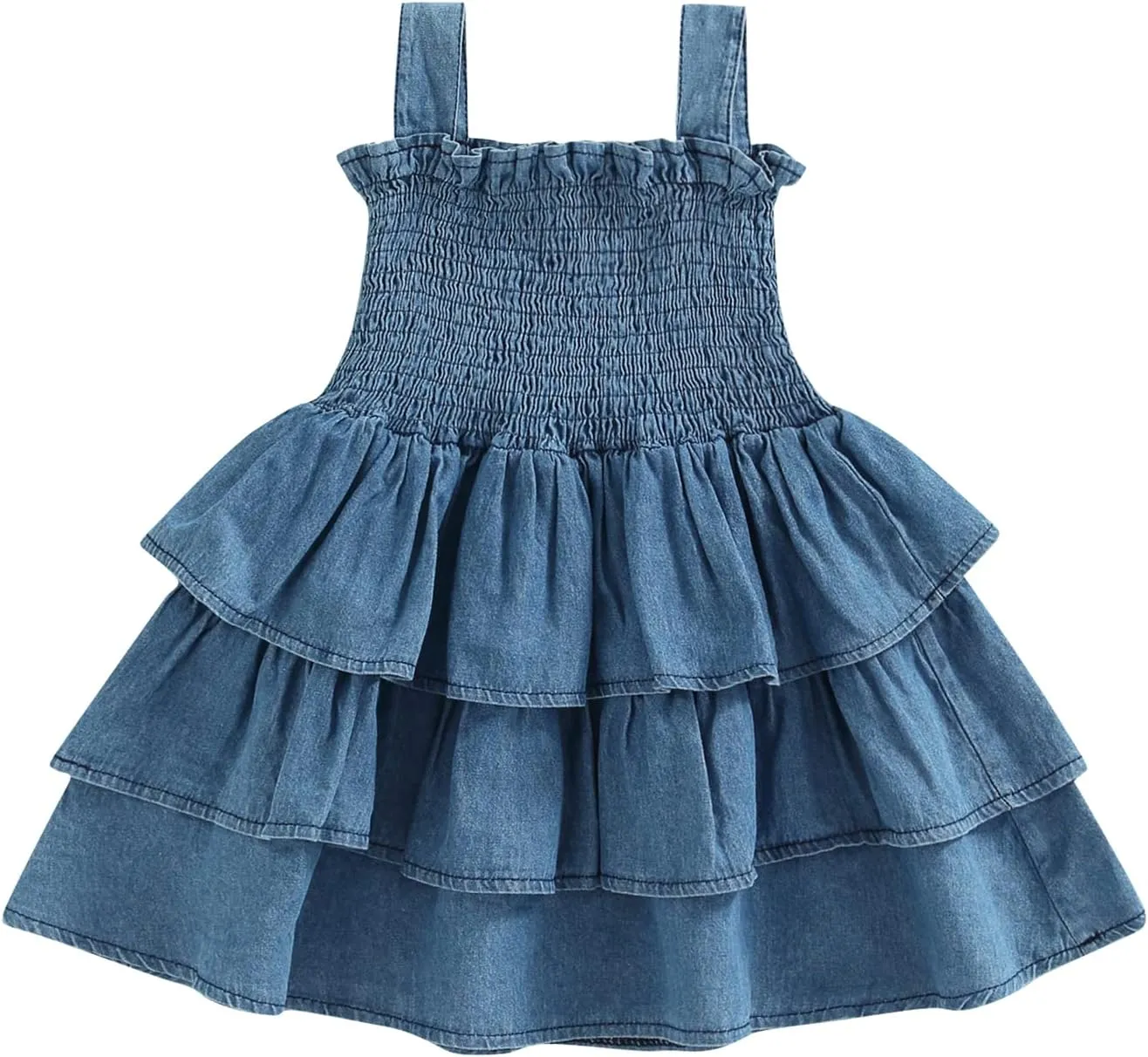 Toddler Girl Summer Sundresses Baby Denim Ruffle Dress Sleeveless Strap Pleated A-line Layered Cake Flowy Jean Dress
