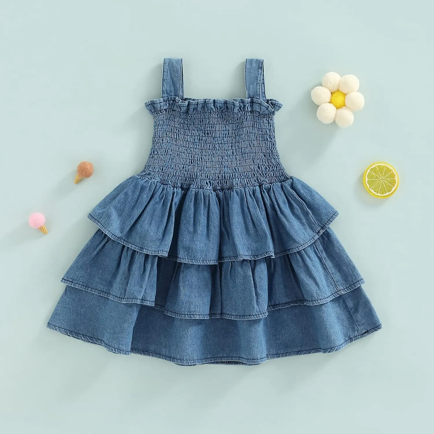 Toddler Girl Summer Sundresses Baby Denim Ruffle Dress Sleeveless Strap Pleated A-line Layered Cake Flowy Jean Dress